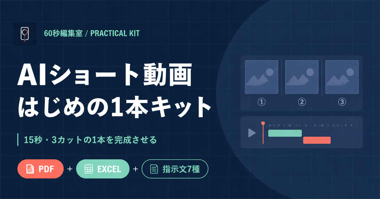 AIショート動画 はじめの1本キット。15秒・3カットの1本を完成させるPDF・Excel・指示文7種