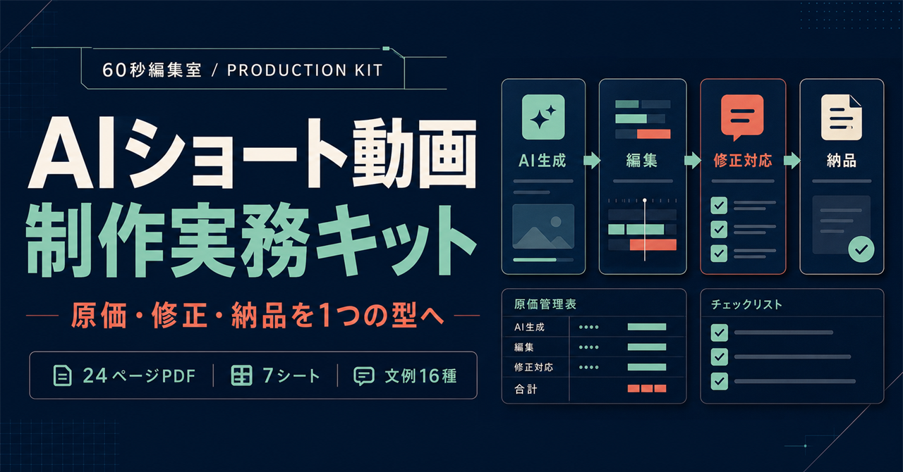 AIショート動画 制作実務キット。原価・修正・納品を管理する24ページPDF・7シート・文例16種