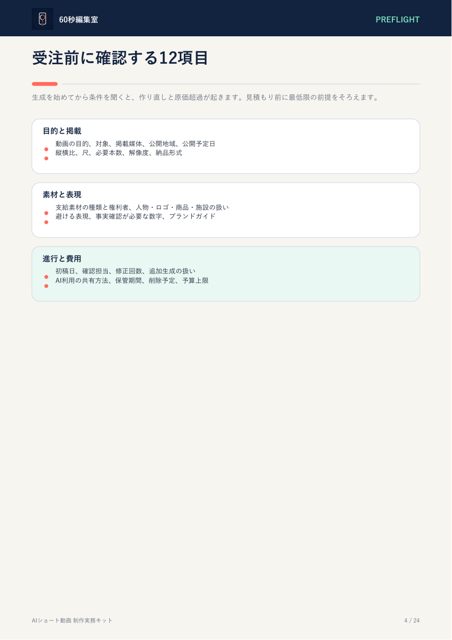 受注前に固定する12項目を示す試し読み4ページ目